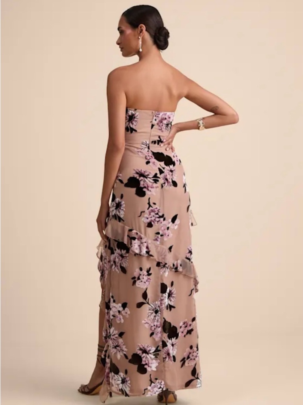 Lulus Chelisa Beige Floral Ruffled Strapless Bustier Maxi Dress - Size S - Picture 3 of 7